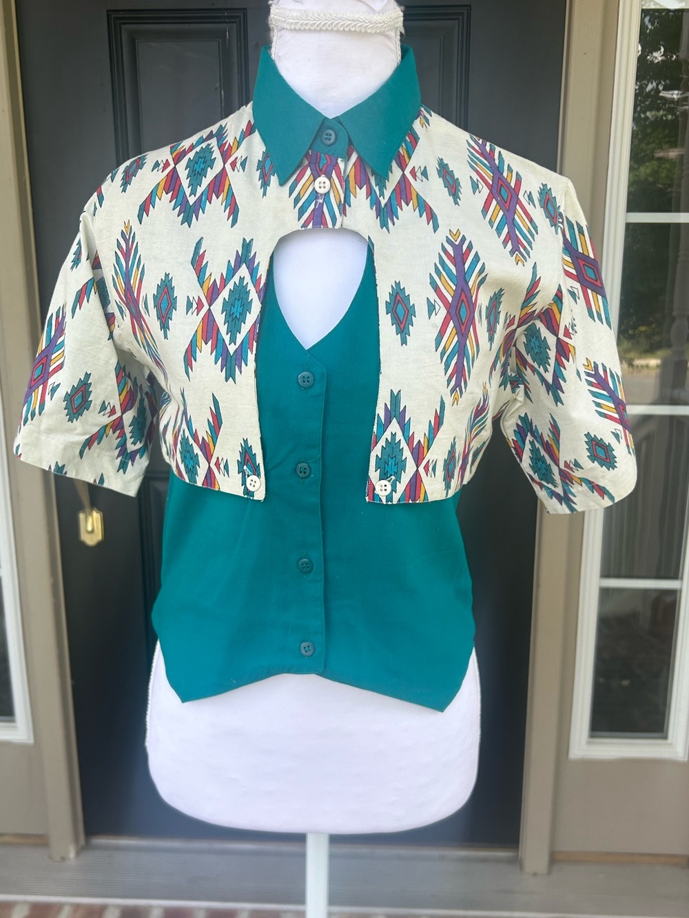 Vintage 80s 90s teal Aztec cutout southwestern western blouse cropped S